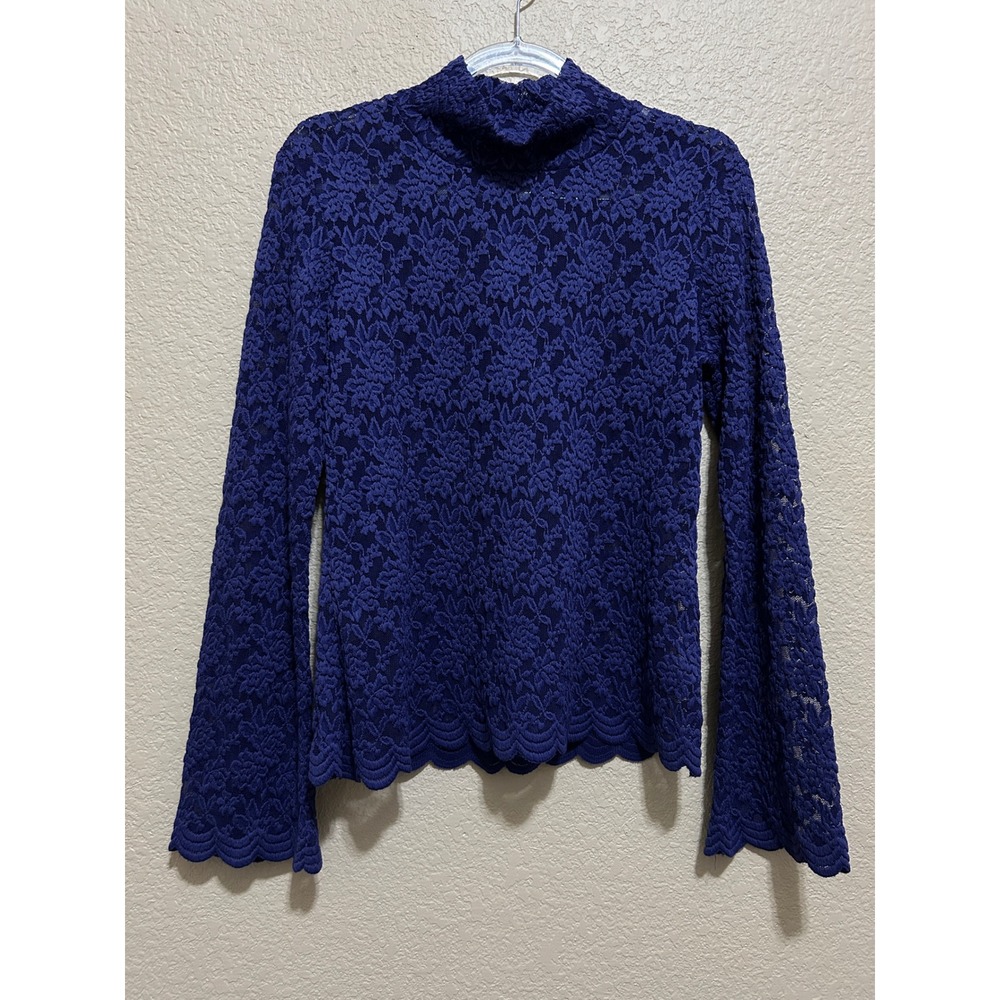 Metrostyle Medium Floral Lace Mock Neck Bell Sleeve Top Purple Scalloped Boho